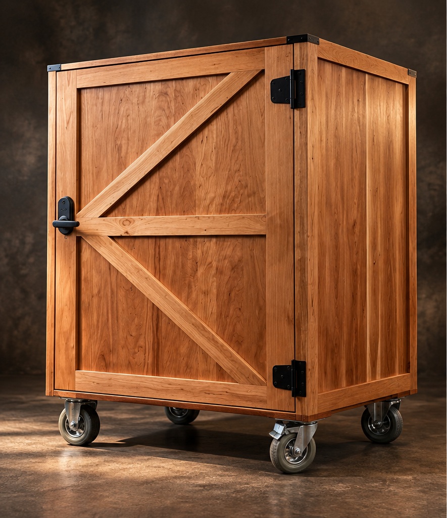 Cherry hardwood tack locker exterior with barn-style door, black hardware and rolling casters